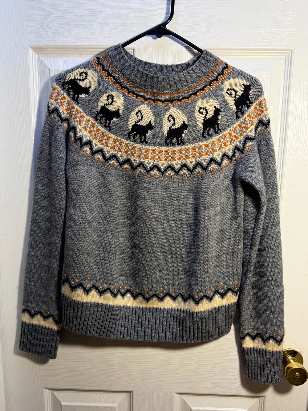Kiel James Patrick Gray Fair Isle Cat Yoke Sweater with Cream & Orange Accents